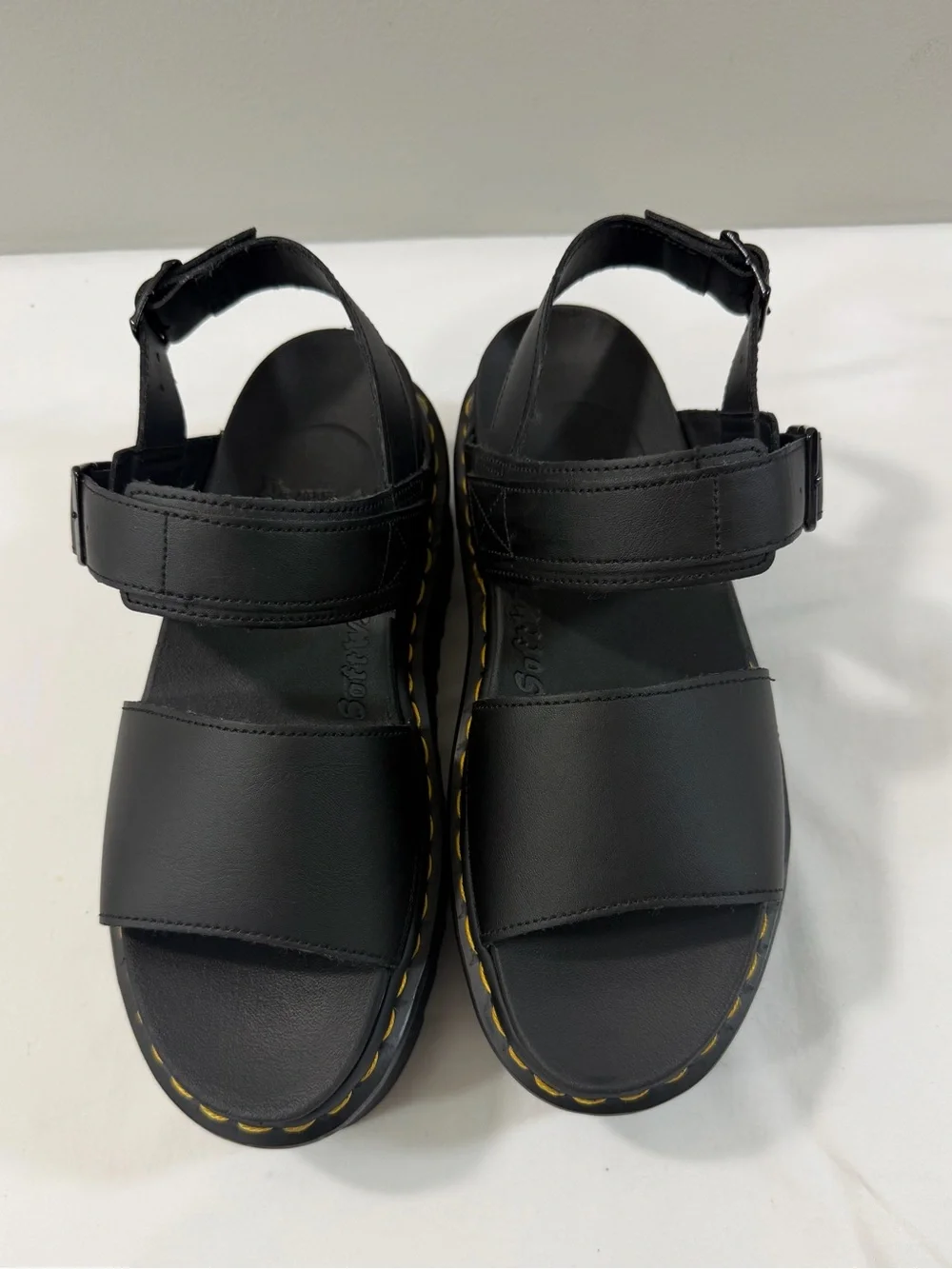 Dr. Martens Black Leather Platform Women’s Sandals with Yellow Stitching